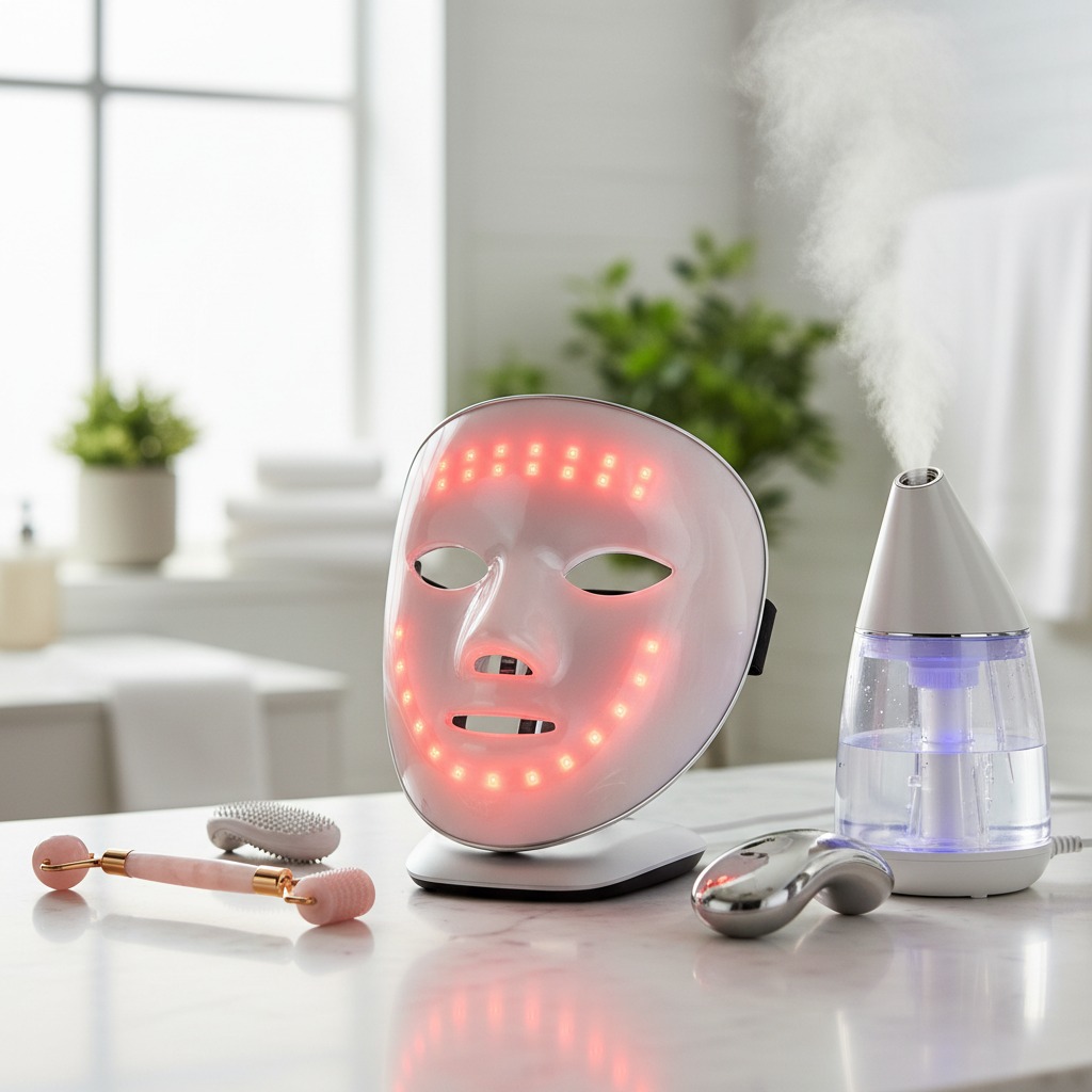 A white LED light therapy mask and a steaming facial device sit on a white marble countertop along with a pink facial roller and a small scrubber.
