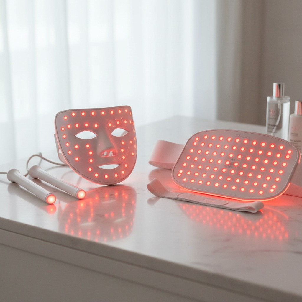 A white LED light therapy face mask, body belt, and two small wands sit on a white marble table, glowing with small red lights.
