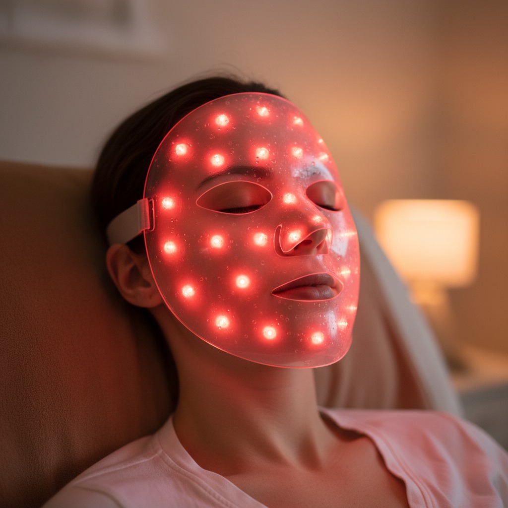 A woman with her eyes closed wears a red light therapy mask on her face.