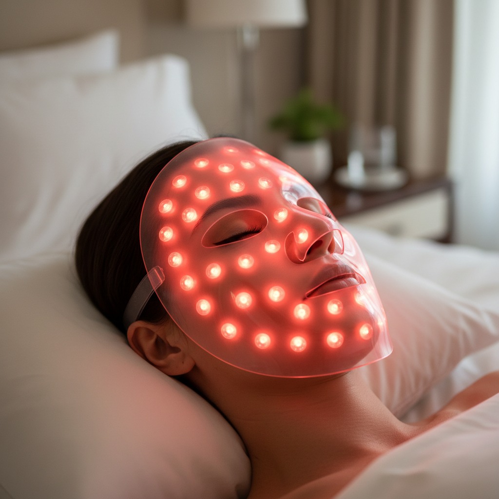 A person lies on white pillows wearing a glowing red light therapy mask on their face.